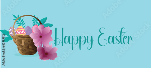 Happy Easter banner. Trendy Easter design with typography, hand painted strokes and dots, eggs, bunny ears, in pastel colors. Modern minimal style. Horizontal poster, greeting card, header for website