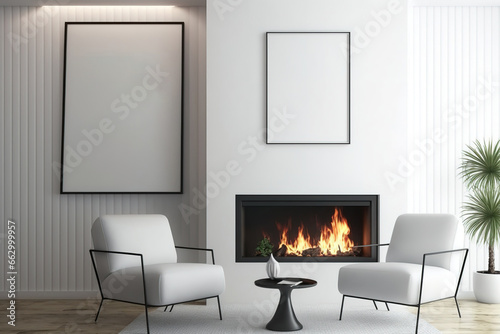 Interior of a contemporary white modern living room with a chair and a fireplace. mockup of two posters in a row on a wall. Generative AI