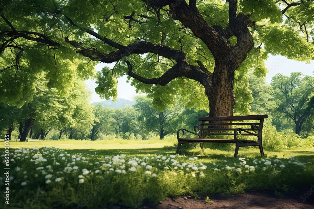 Bench under a tree in a park , green nature around Bench under a tree in a park , green nature around