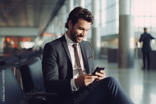 Airport Terminal Flight Wait: Smiling Businessman Uses Smartphone for e-Business, Browsing Internet with an App. Traveling Entrepreneur Work Online on Mobile Phone in Boarding