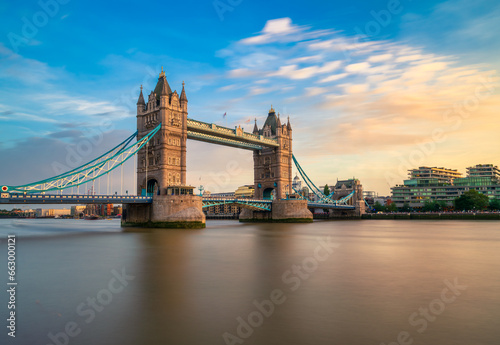 London Tower Bridge and Thames river viewed at sunset hour in London  England