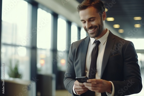 Airport Terminal Flight Wait: Smiling Businessman Uses Smartphone for e-Business, Browsing Internet with an App. Traveling Entrepreneur Work Online on Mobile Phone in Boarding