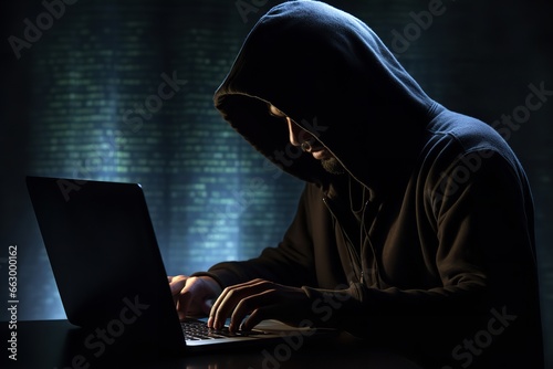 Black hat hacker in hood using laptop computer