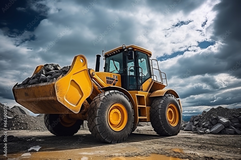 Powerful wheel loader or bulldozer isolated on sky background. Loader pours crushed stone or gravel from the bucket. Powerful modern equipment for earthworks and bulk handling - obrazy, fototapety, plakaty 