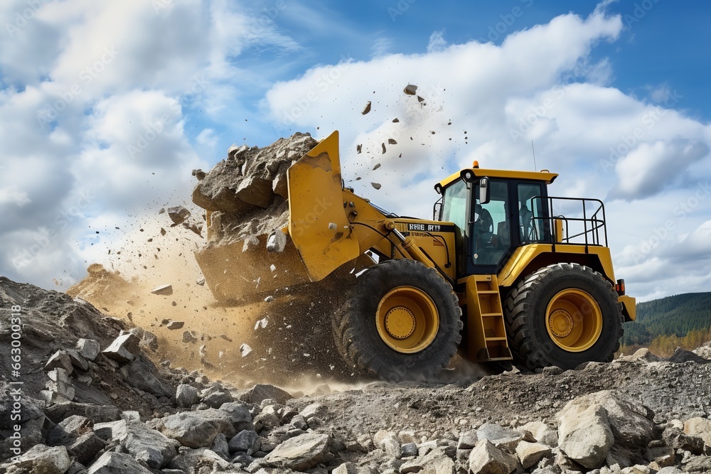 Powerful wheel loader or bulldozer isolated on sky background. Loader pours crushed stone or gravel from the bucket. Powerful modern equipment for earthworks and bulk handling
