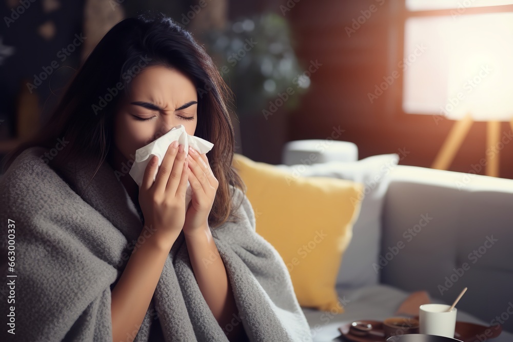 Sick Asian woman using a tissue to sneeze and blowing her nose in winter at home.  - obrazy, fototapety, plakaty 