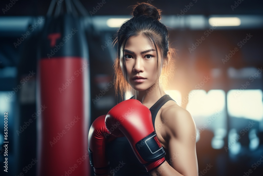 Strong Asian athletic woman in sportswear wearing boxing gloves do workout exercise punching boxing bag at fitness gym. Healthy fit and firm female do sport training and bodybuilding at sport club