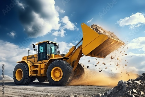 Powerful wheel loader or bulldozer isolated on sky background. Loader pours crushed stone or gravel from the bucket. Powerful modern equipment for earthworks and bulk handling photo