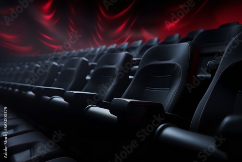 Rows of black seats watching movies in the cinema with copy space banner background. Entertainment and Theater concept. 3D illustration rendering
