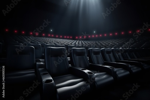 Rows of black seats watching movies in the cinema with copy space banner background. Entertainment and Theater concept. 3D illustration rendering