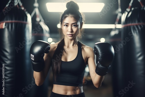 Strong Asian athletic woman in sportswear wearing boxing gloves do workout exercise punching boxing bag at fitness gym. Healthy fit and firm female do sport training and bodybuilding at sport club