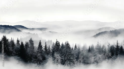 Pine trees in the fog - dark forest with dramatic light - generative AI photo