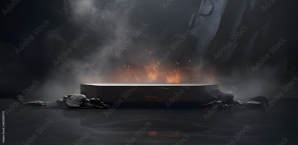 Abstract minimal concept. Dark background with natural granite stones podium on water and smoke surrounding. Mock up template for product presentation.  - obrazy, fototapety, plakaty 