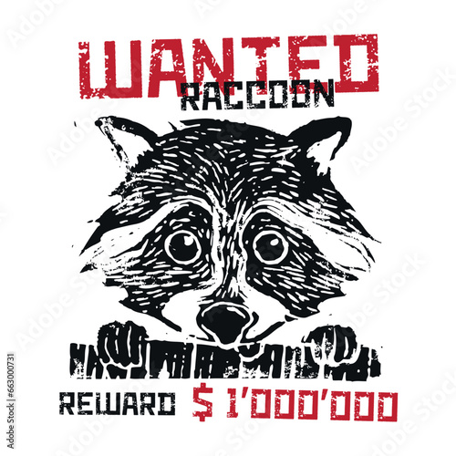 Vector illustration on transparent background. Face of forest animal on wooden fence. Pet face. Wild West. Raccoon head. Wanted for $1000000 reward. Linocut stamp. Interior poster, print for t-shirt
