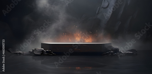 Abstract minimal concept. Dark background with natural granite stones podium on water and smoke surrounding. Mock up template for product presentation. 