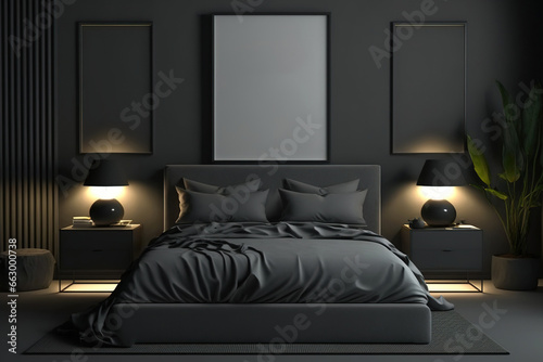 Front view of a dark bedroom interior with a bed and grey linens. Black concrete flooring and a wall with a backlight. three dummy frames. Generative AI