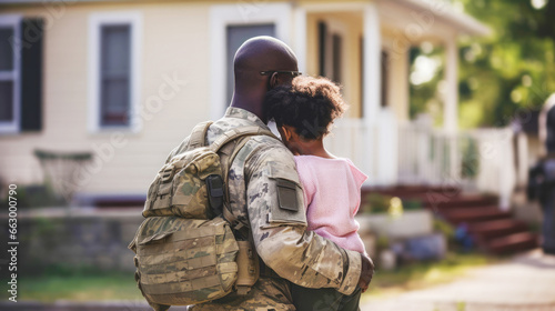 Photographie African american veteran soldier in uniform hugs his little daughter touchingly and tightly while standing in front of their house