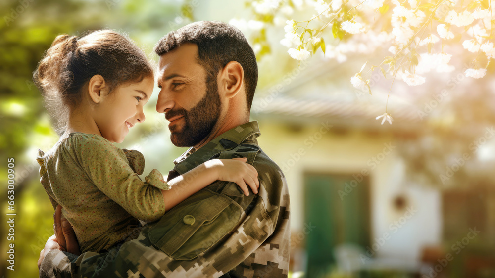 Portrait of a happy Israeli soldier in military uniform hugs his little daughter while standing in front of house. Concept of patriotism, defense of the homeland and homecoming. Sunny day. Copy space