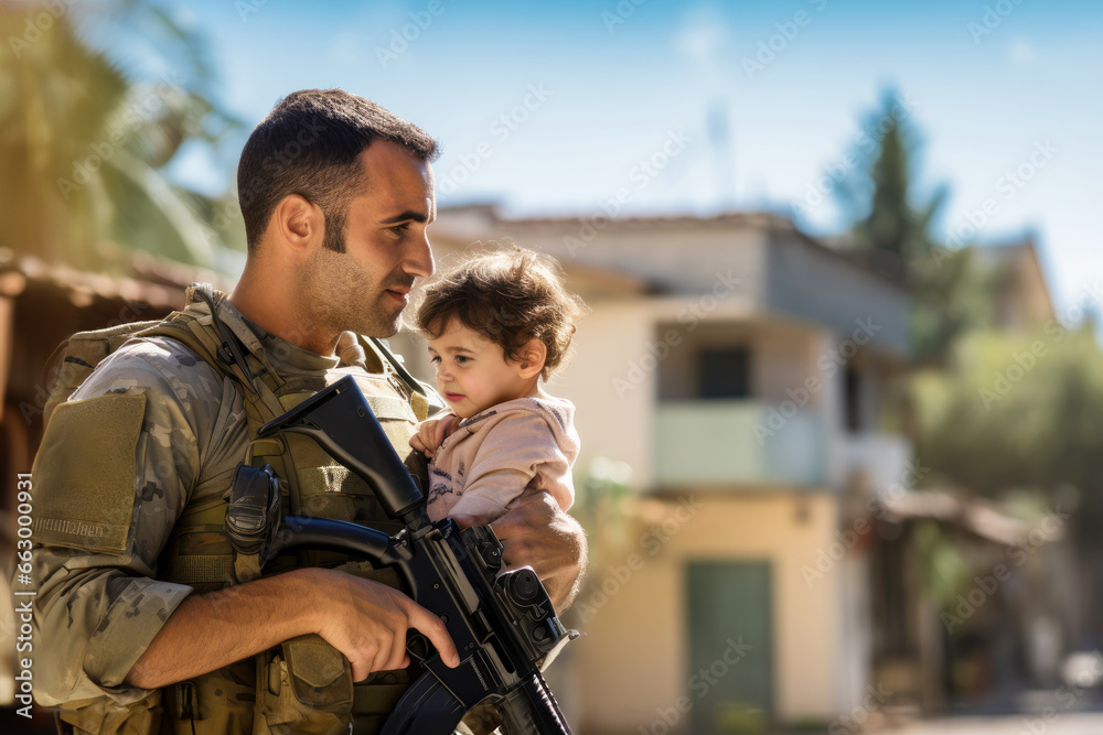 A strong Israeli soldier in military uniform and with a weapon protects a small child while standing in front of a house. The concept of patriotism, defense of the Motherland and peace. Copy space