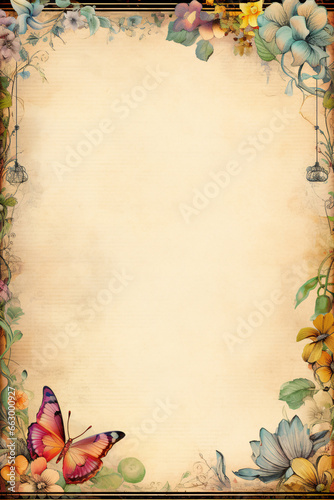 vintage antique old frame with flowers and butterfly - generative AI