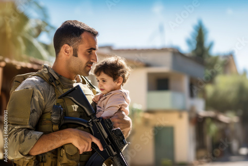 A strong Israeli soldier in military uniform and with a weapon protects a small child while standing in front of a house. The concept of patriotism, defense of the Motherland and peace. Copy space photo