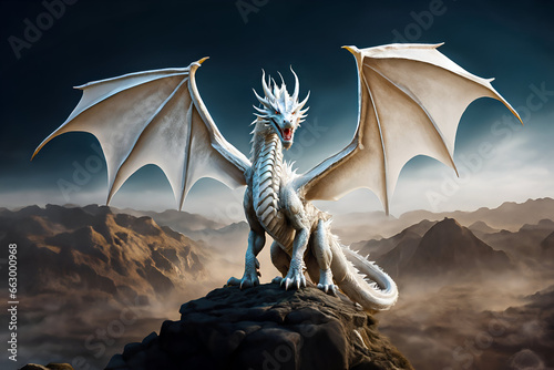 White dragon standing on a rock - Generative AI