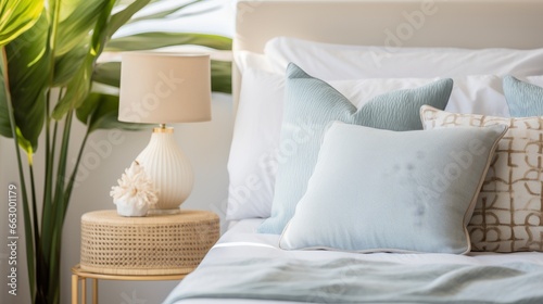 Modern cozy bedroom, close-up of blue and white pillows, blurred plant in background 