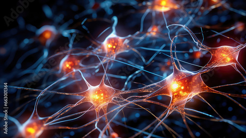 Illustration of a human nerve cell on a dark blue background with light effects. The nerve cell interacts by means of a light pulse. Generative AI