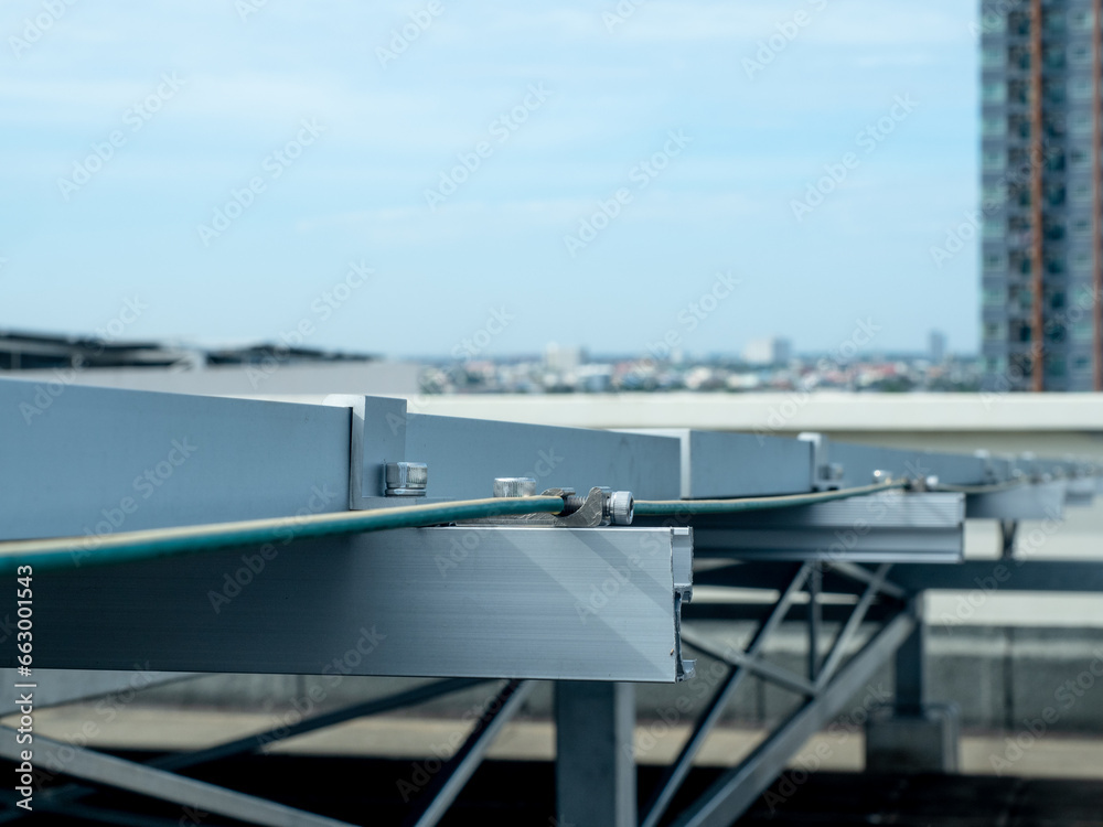 Fototapeta premium technology electricity cable steel connection power energy solar cell wire equipment industry panel environment renewable green ecology modern innovation photovoltaic battery installation issues 