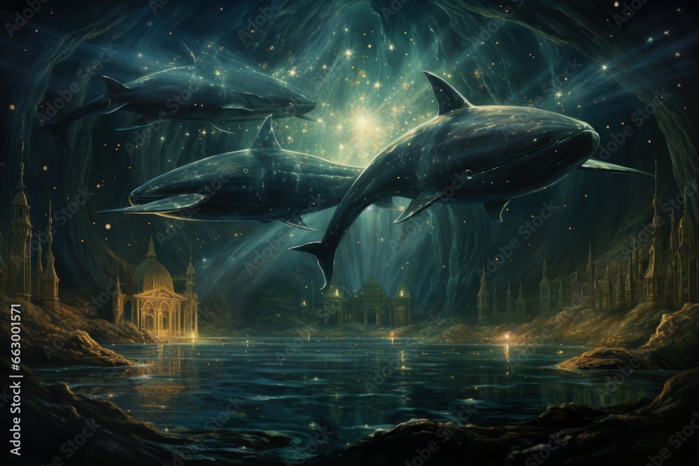 Fototapeta premium Luminous star whales, swimming among constellations in the vastness of space - Generative AI