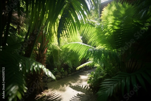 Enjoy the vibrant summer scenery adorned with tropical fern leaves. Generative AI