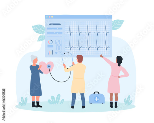 Cardiology, heart health checkup by cardiologists vector illustration. Cartoon tiny people holding stethoscope for medical examination, hear heartbeat and check ekg cardiogram for cardiac diagnose