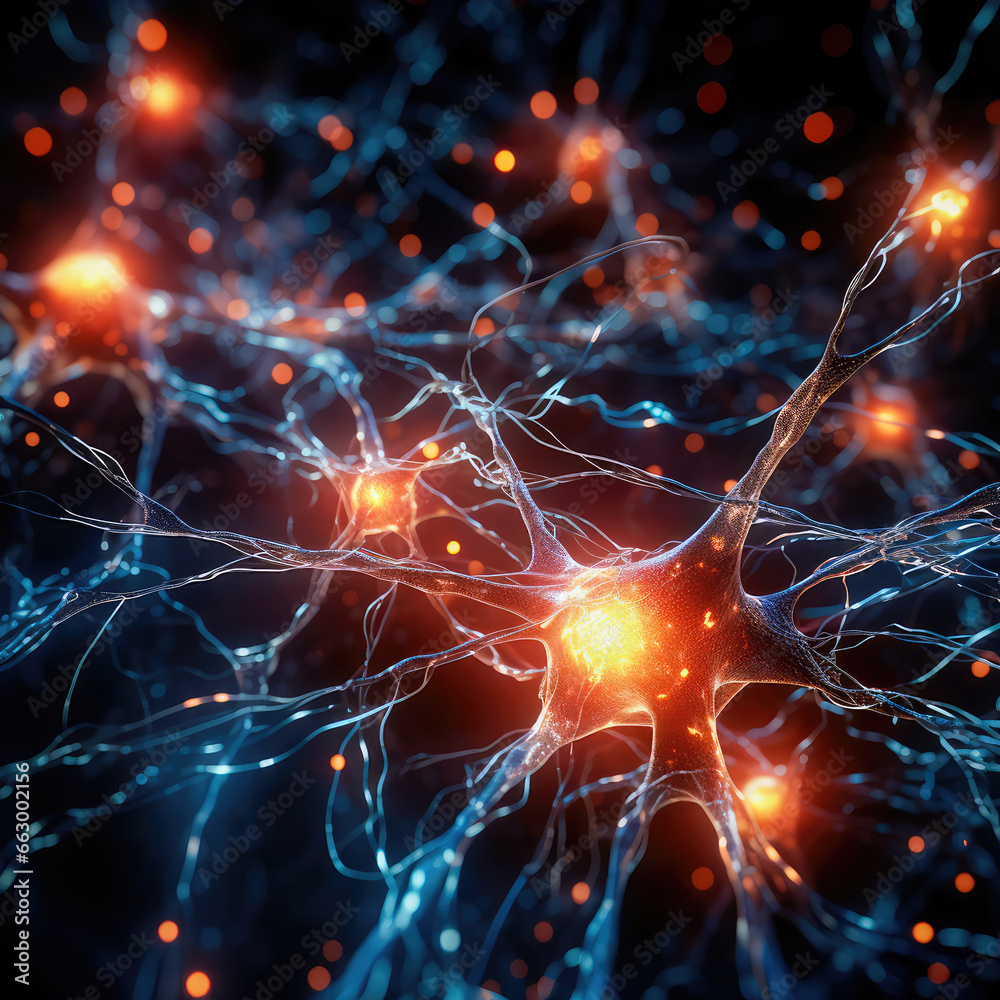 Illustration of a human nerve cell on a dark blue background with light effects. The nerve cell interacts by means of a light pulse. Generative AI Illustration of a human nerve cell on a dark blue background with light effects. The nerve cell interacts by means of a light pulse. Generative AI