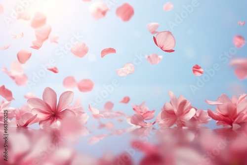 Beautiful pink rose petals on spa background with sakura cherry blossom petals flying realistically. Generative AI