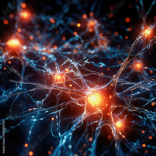 Illustration of a human nerve cell on a dark blue background with light effects. The nerve cell interacts by means of a light pulse. Generative AI © keks20034