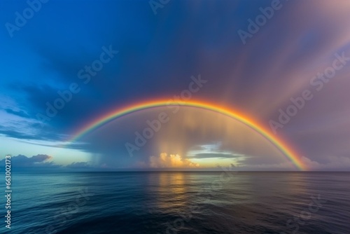 Colorful arc in the sky extending over the ocean. Generative AI
