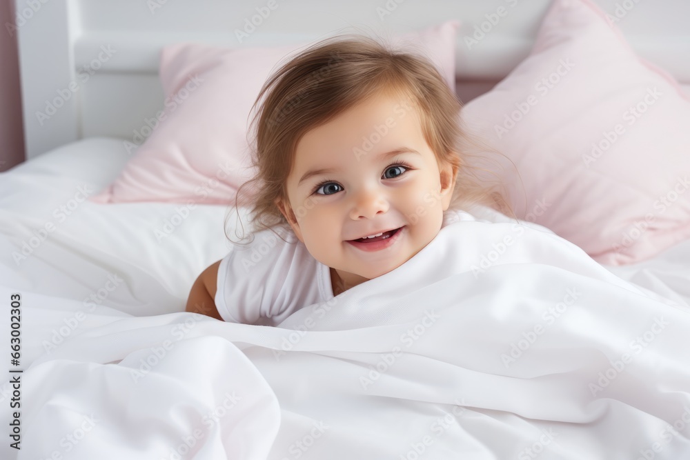 Adorable Newborn Smiling Baby Girl in Light Cloth in Bright Pink Bedroom
