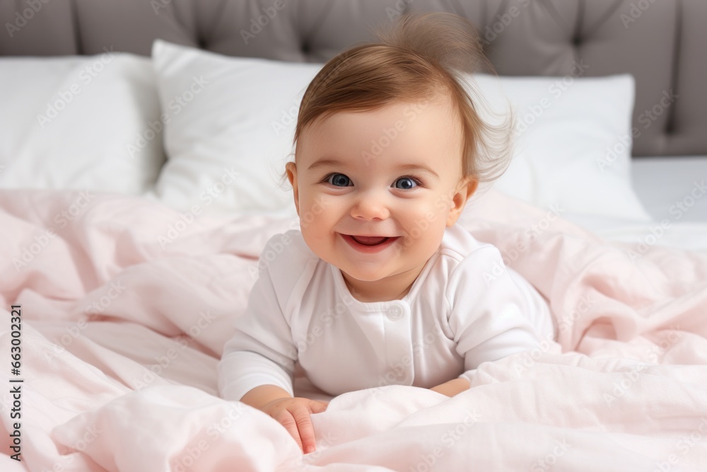 Adorable Newborn Smiling Baby Girl in Light Cloth in Bright Pink Bedroom Adorable Newborn Smiling Baby Girl in Light Cloth in Bright Pink Bedroom