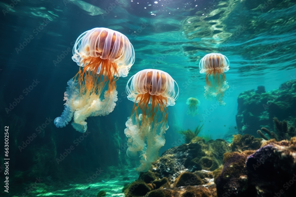 Luminescent jellyfish guardians, illuminating the depths of the ocean with their glow - Generative AI Luminescent jellyfish guardians, illuminating the depths of the ocean with their glow - Generative AI