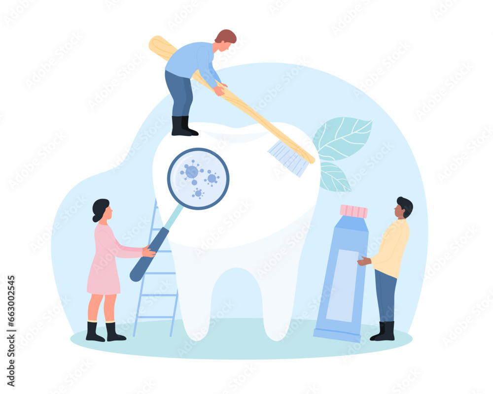 Teeth brushing, oral hygiene vector illustration. Cartoon tiny people holding toothbrush and healthy toothpaste to clean giant human tooth, woman examine dental germs in mouth under magnifying glass