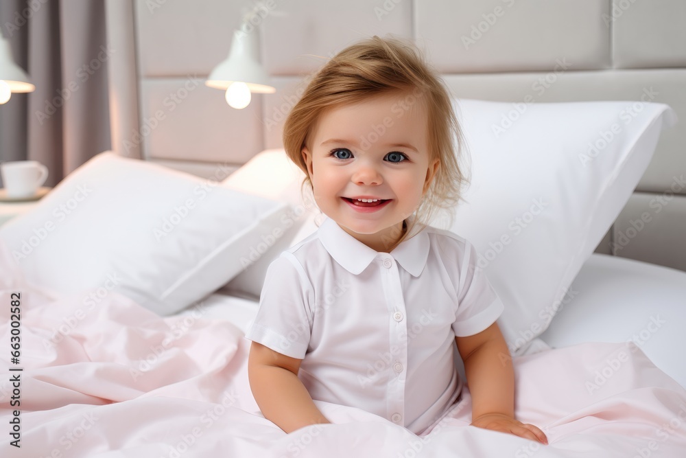 Cheerful little girl in light cloth sitting in bright light pink bedroom with happy smile. Happiness Cheerful little girl in light cloth sitting in bright light pink bedroom with happy smile. Happiness