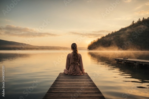 Young woman meditating on a wooden pier on the edge of a lake to improve focus photo