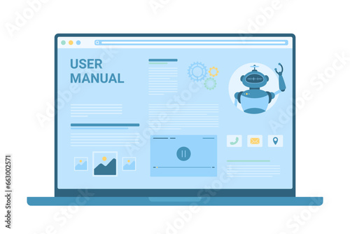 User manual guide on laptop desktop vector illustration. Cartoon isolated web guidance service with tutorials, data references and robot character, training service to learn and download information