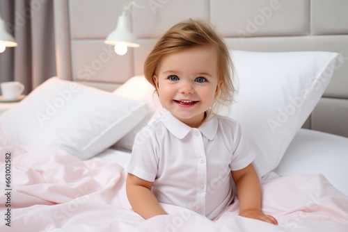 Cheerful little girl in light cloth sitting in bright light pink bedroom with happy smile. Happiness