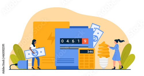 Payment of bills for electricity vector illustration. Cartoon tiny people hold energy saving light bulb and money to pay for consumption by meter, count monthly payment from budget on calculator