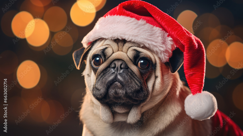 Sad pug dog wearing red Santa Claus hat with white pompom against background of golden bokeh lights. Concept for Christmas, New Year, pet care, holiday. Domestic animal portrait at home. Generative AI