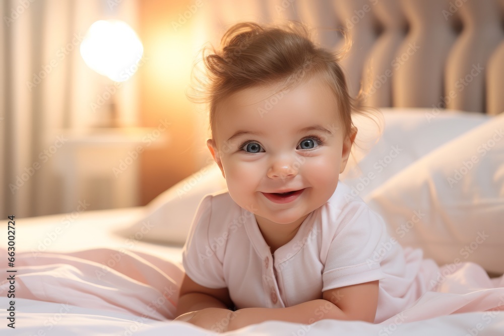 Adorable Newborn Smiling Baby Girl in Light Cloth in Bright Pink Bedroom Adorable Newborn Smiling Baby Girl in Light Cloth in Bright Pink Bedroom