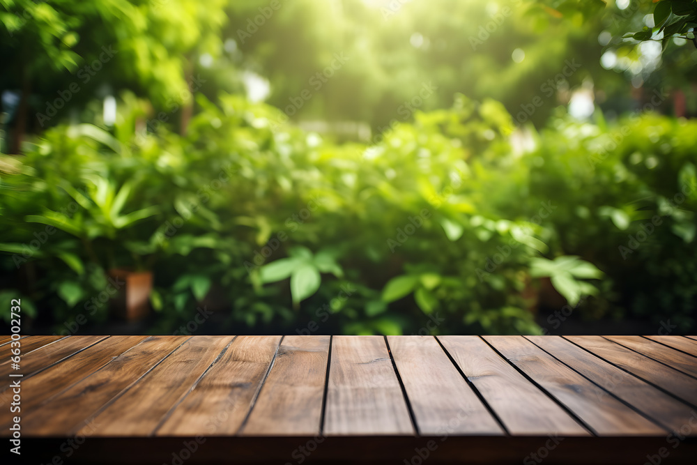 Wooden outdoors table on forest background