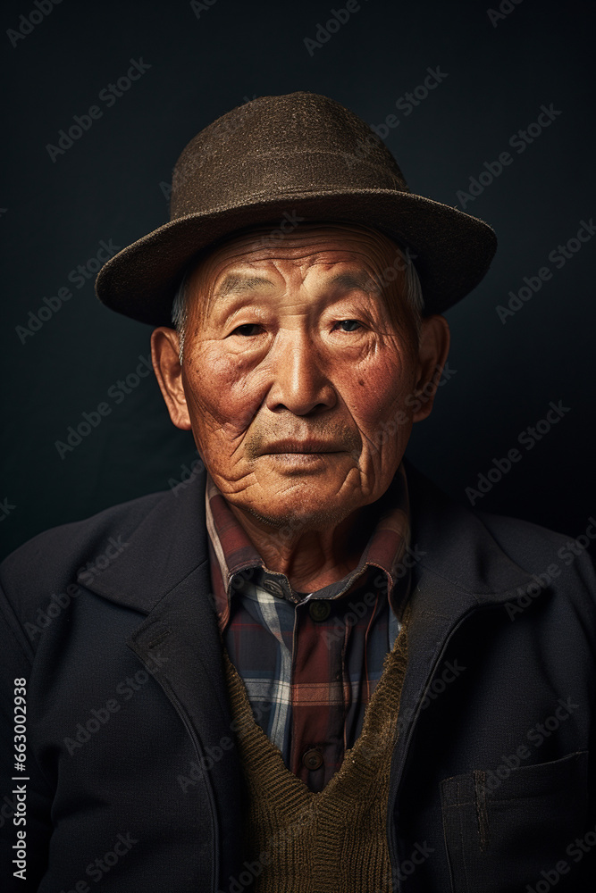 Korean older man, grandfather. Positive single senior retired Concept. asian tradition. dark style Korean older man, grandfather. Positive single senior retired Concept. asian tradition. dark style