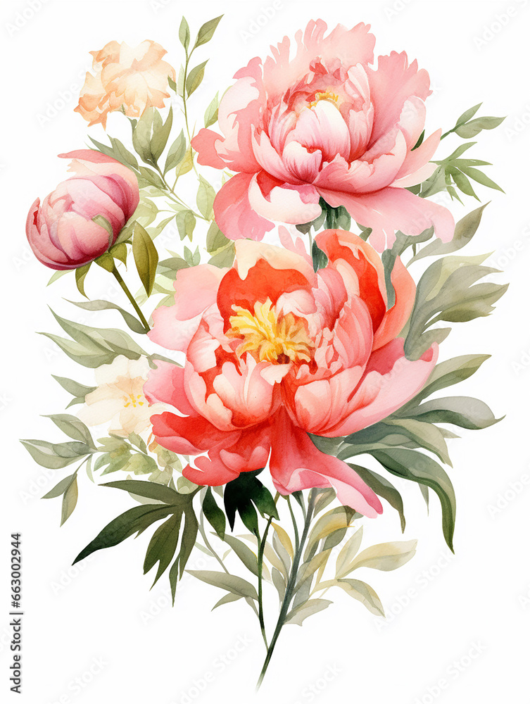 Bouquet composition decorated with dusty pink watercolor peony flowers